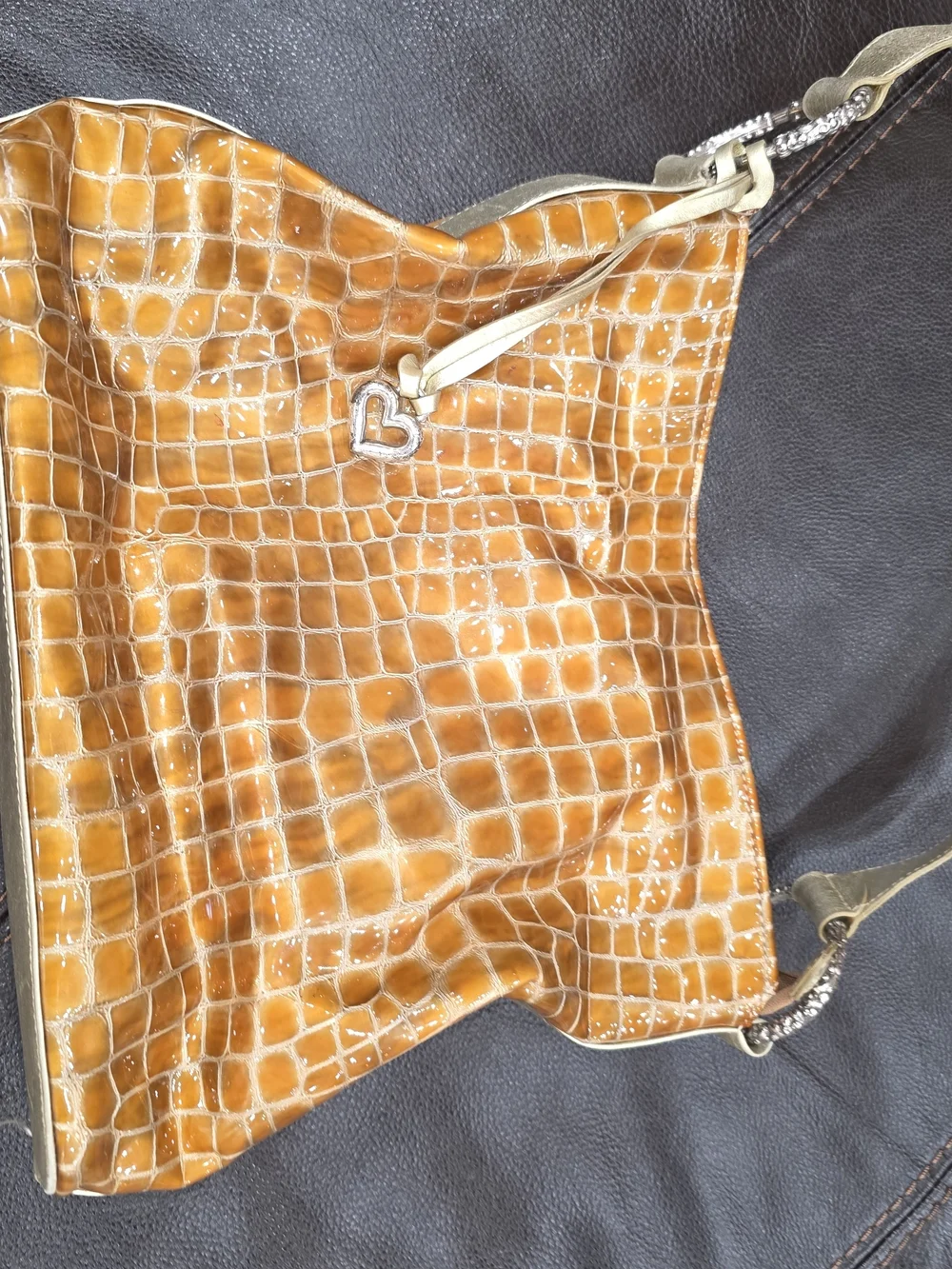 Brighton Croc Embossed Amber Patent Leather Shoulder Bag with Heart Charm